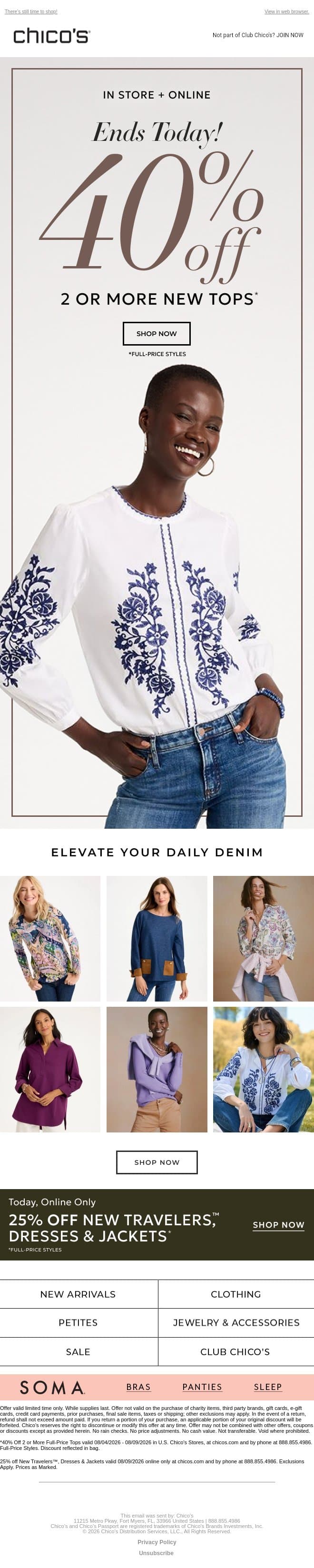 ENDS TONIGHT! 40% OFF 2+ NEW TOPS email from Chico's screenshot