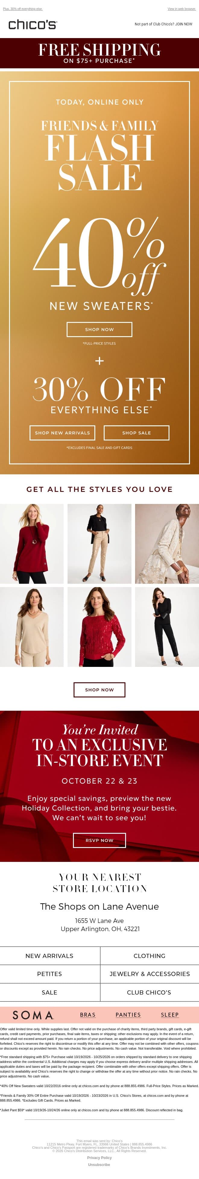 40% off new sweaters ENDS TONIGHT! email from Chico's screenshot
