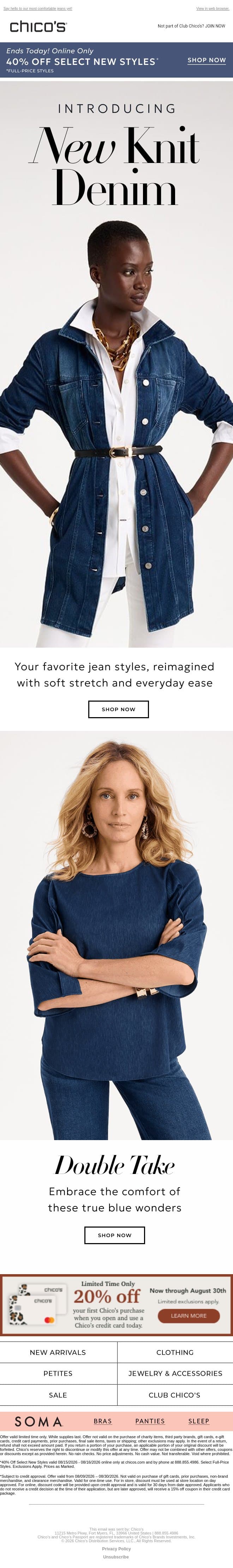 The Denim Refresh Your Wardrobe Needs + 40% off ends today email from Chico's screenshot