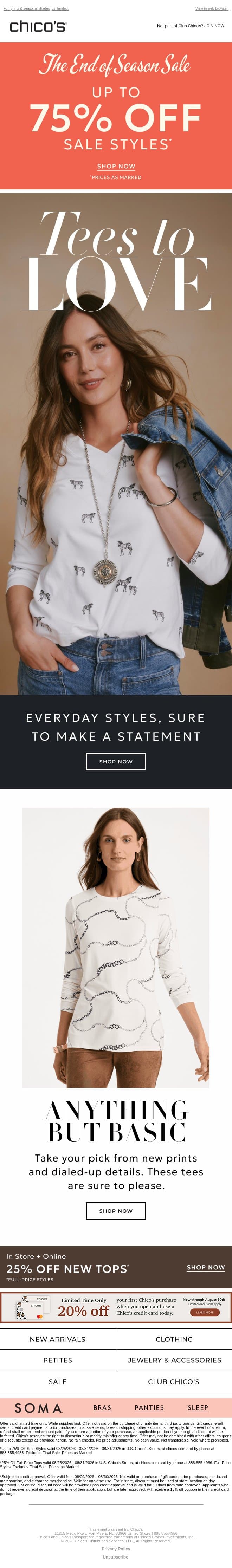 Up to 75% off sale | Tee up for fall 🍂 email from Chico's screenshot