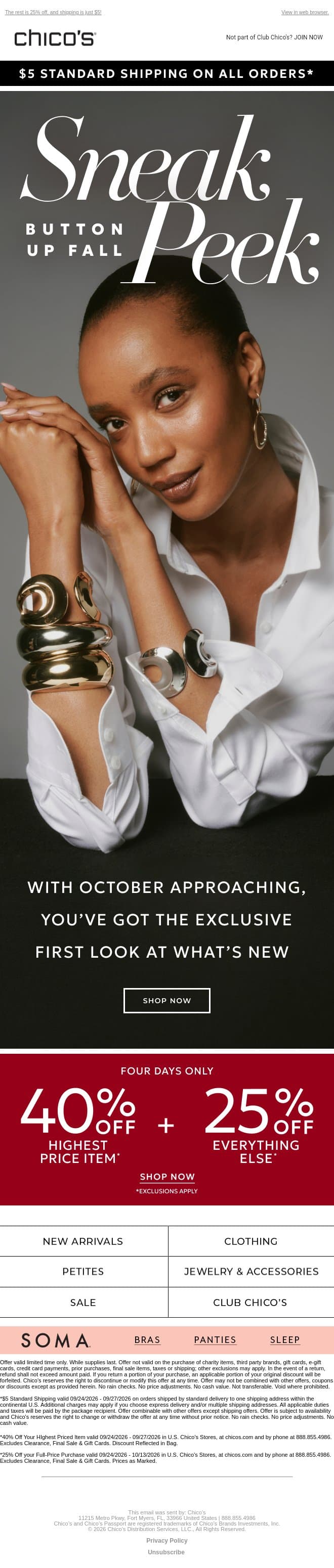 Sneak Peek Perk: 40% off your favorite NEW piece email from Chico's screenshot
