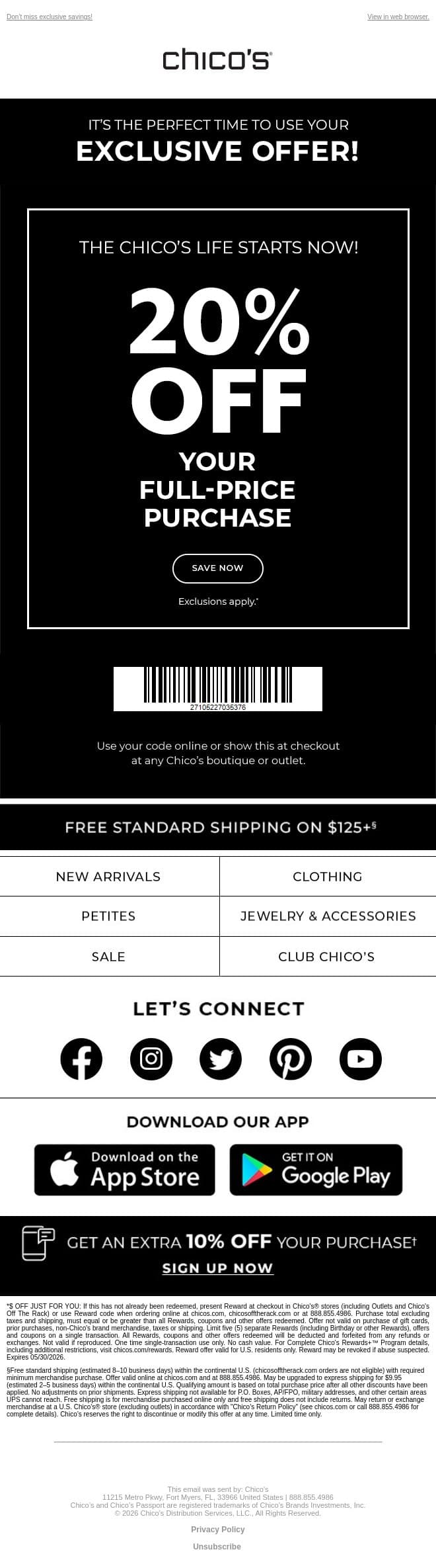 Your exclusive 20% off awaits email from Chico's screenshot