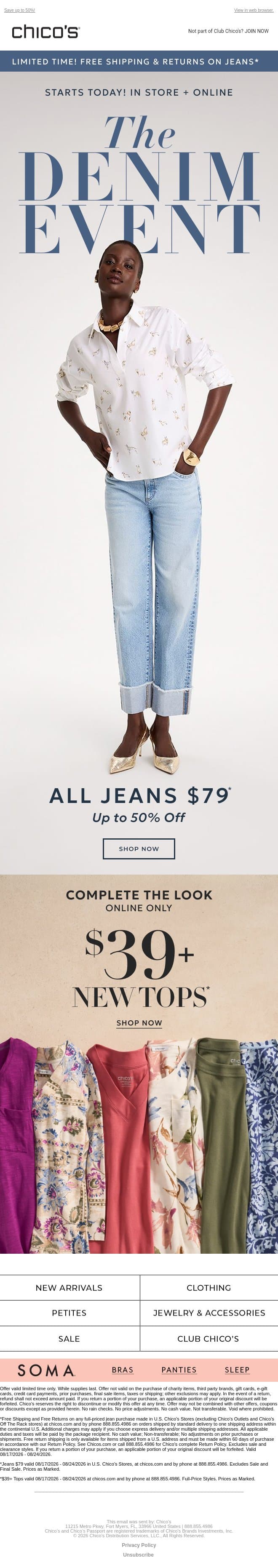 The $79 Denim Event Starts Now (Free Shipping Included) email from Chico's screenshot