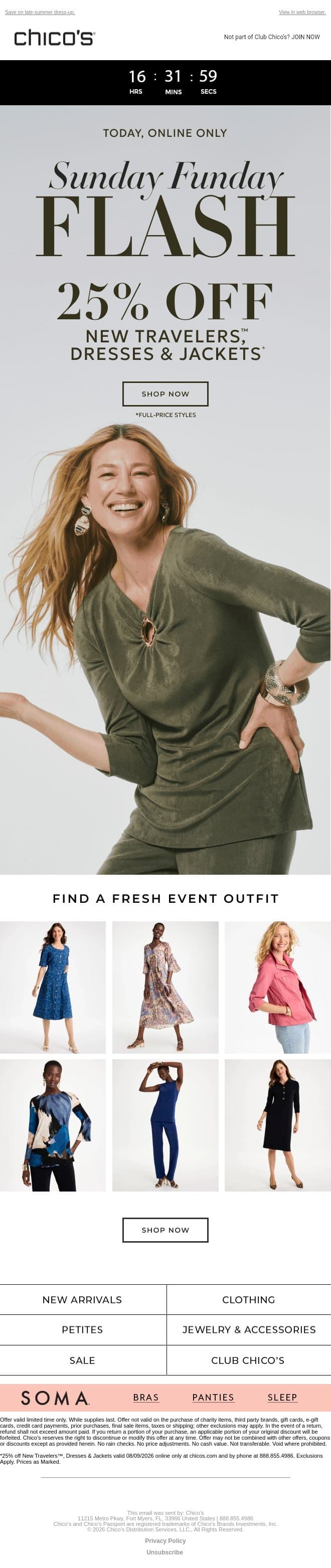 Today Only! 25% off NEW Travelers™, Dresses & Jackets email from Chico's screenshot