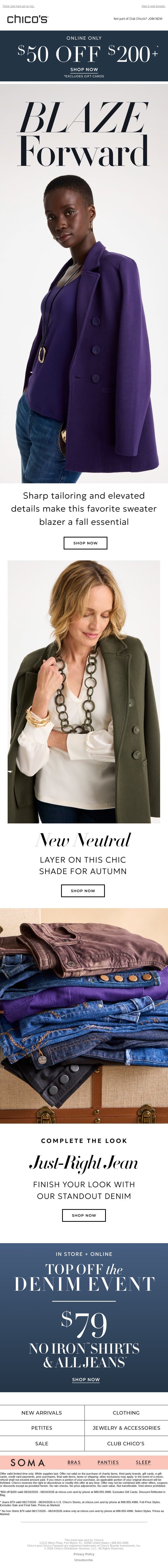 Meet the Blazer That Layers Like a Dream | $50 off $200+ (excl apply) email from Chico's screenshot