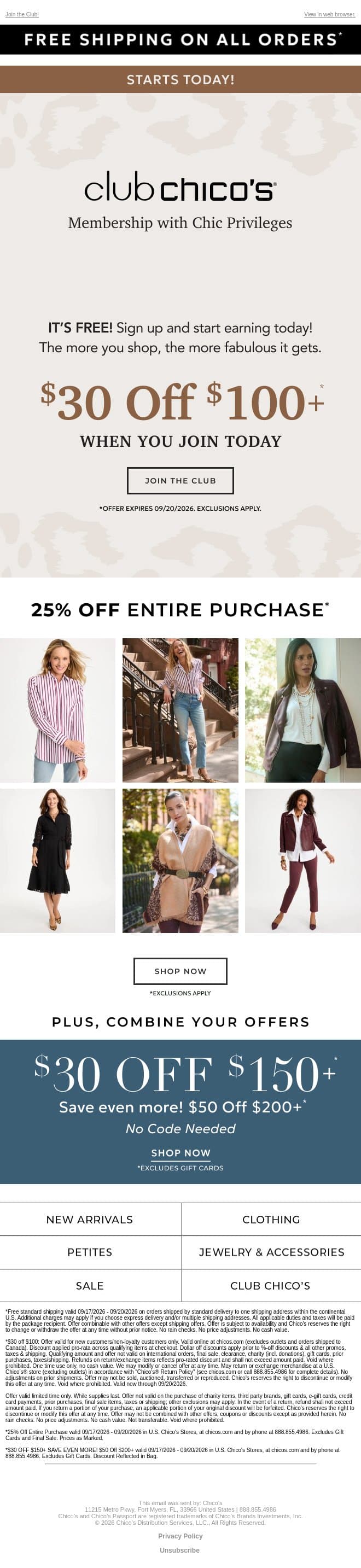 EXPIRES TONIGHT: $30 off $100 + Free Shipping email from Chico's screenshot