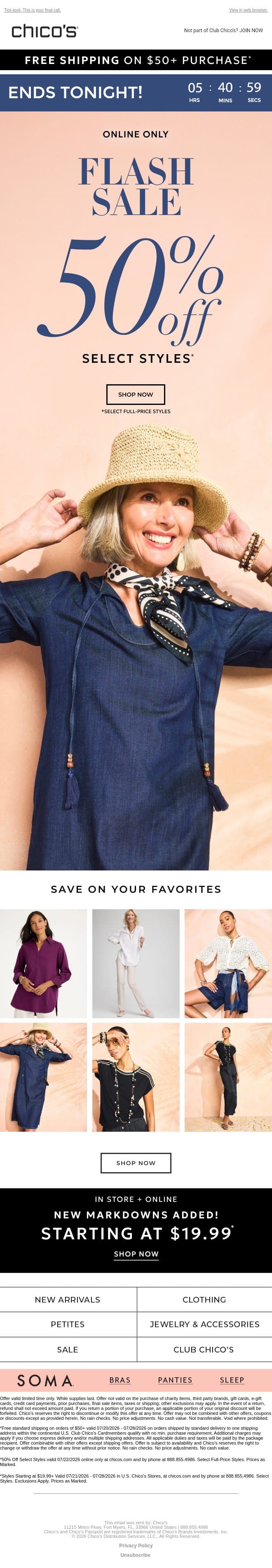 Hurry! 50% off is is ending FAST email from Chico's screenshot