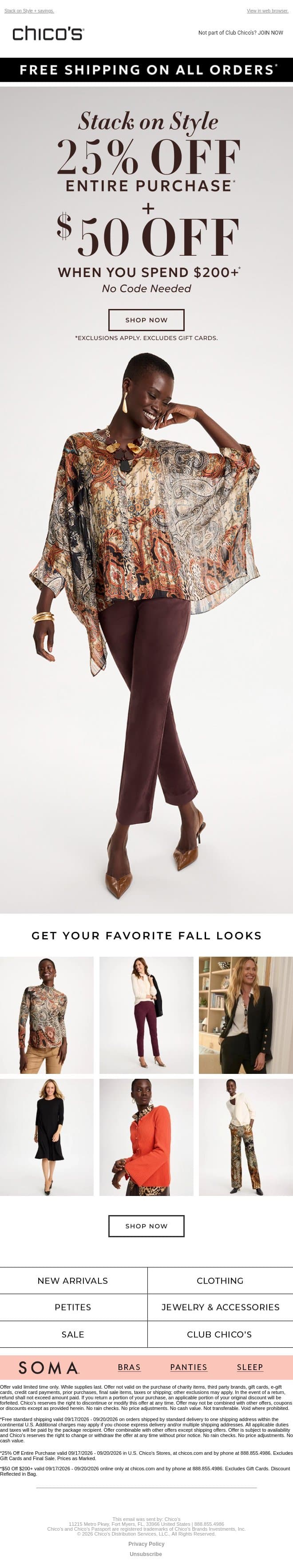 ENDS TOMORROW! 25% off + $50 off email from Chico's screenshot