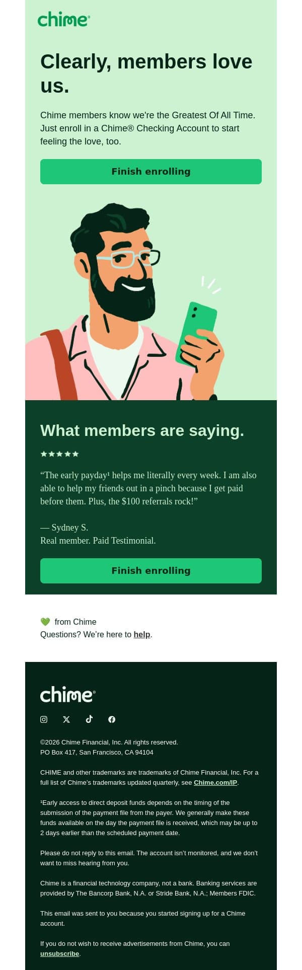 Why our members think we’re the GOAT 🐐 email from Chime screenshot