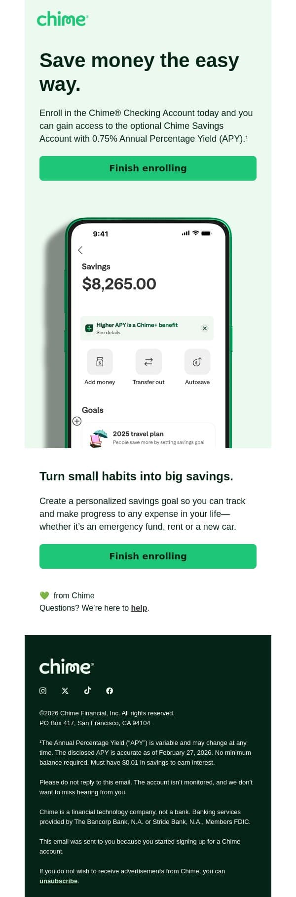 Here’s your new way to save money easily. email from Chime screenshot