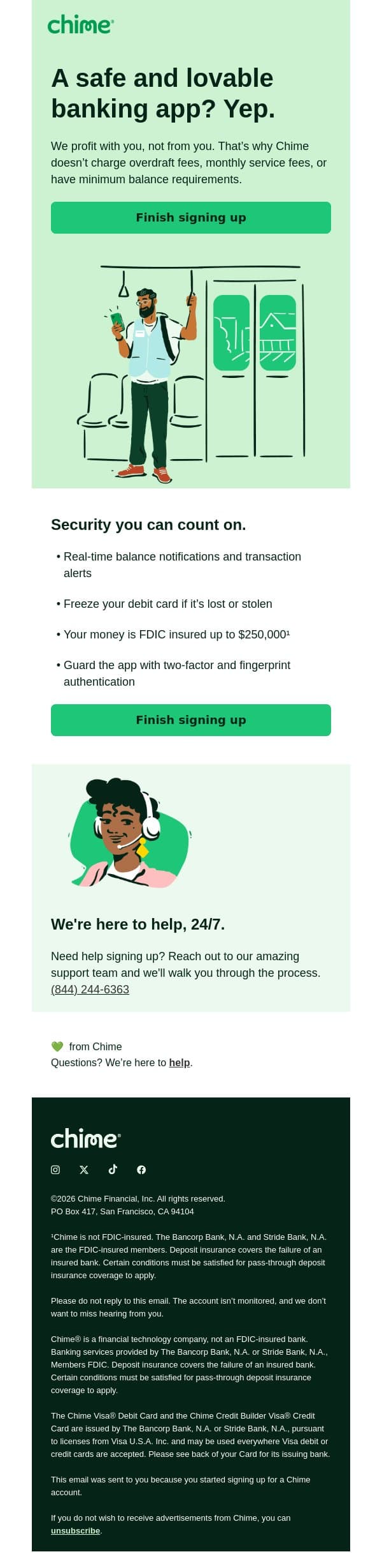 Finish signing up! Trusted and reliable, that’s Chime. email from Chime screenshot