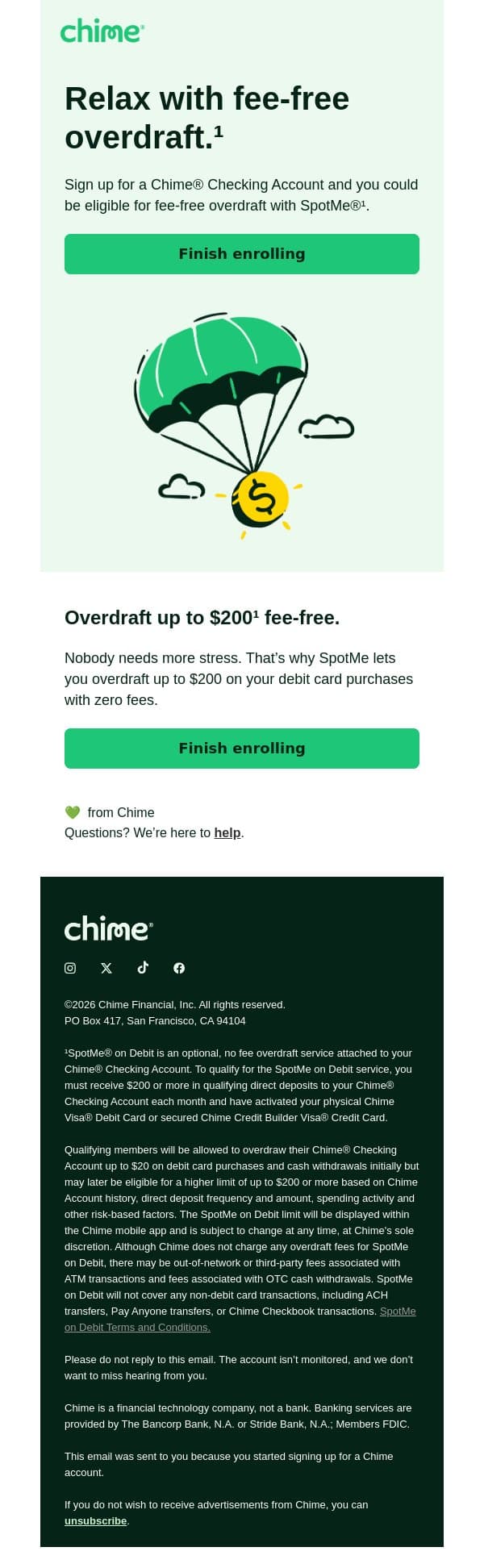 We'll spot you. No more overdraft fees. email from Chime screenshot