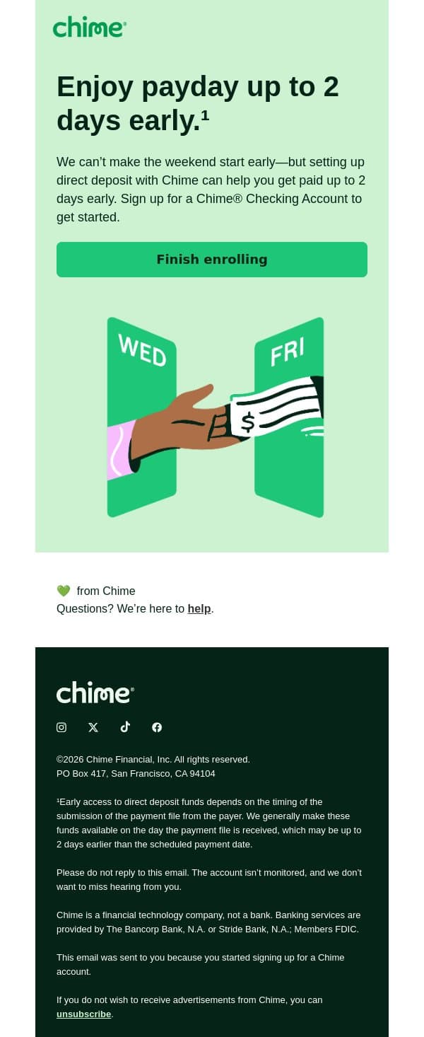 Chime helps you get paid up to 2 days early with direct deposit. email from Chime screenshot