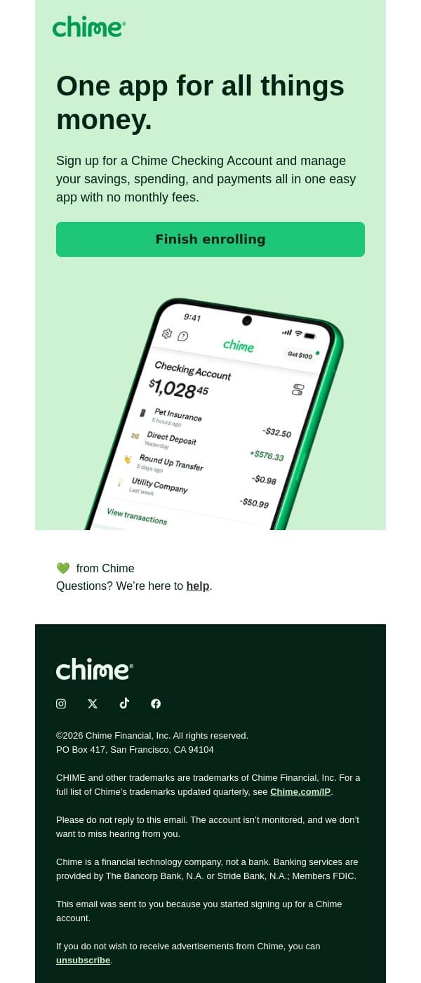 Manage your money with one simple app 📱 email from Chime screenshot
