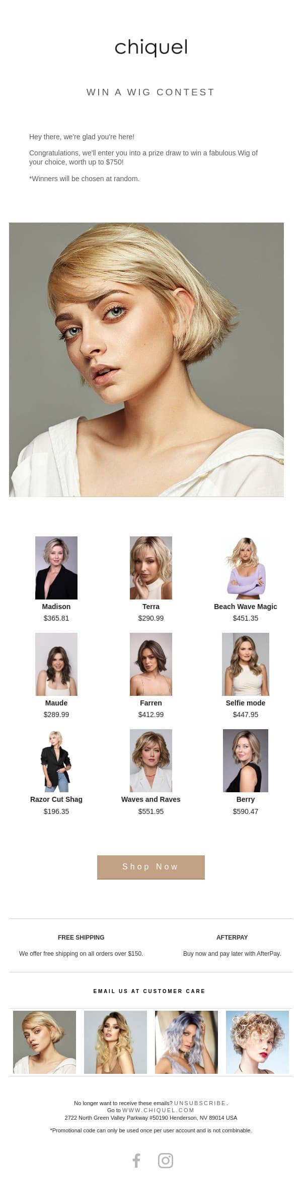 Confirmation, Win a Wig Contest email from Chiquel screenshot