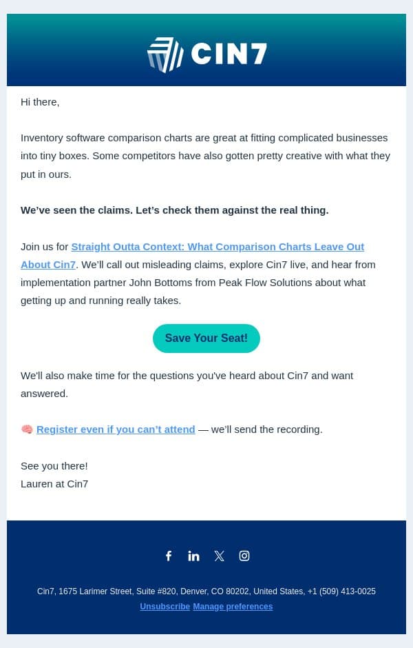 The comparison chart left something out 😬 👀 email from Cin7 screenshot