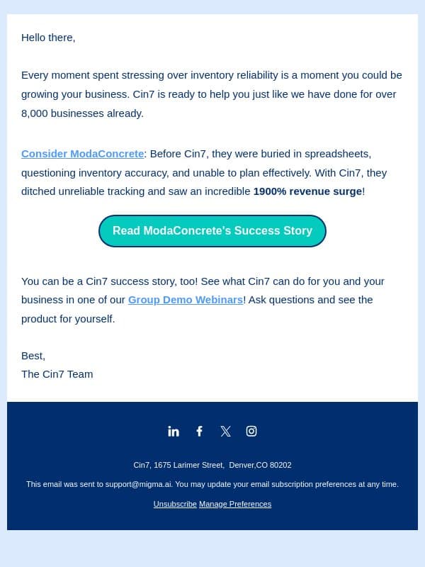 How ModaConcrete went from $500K in revenue to $10M ⬆️📈 email from Cin7 screenshot