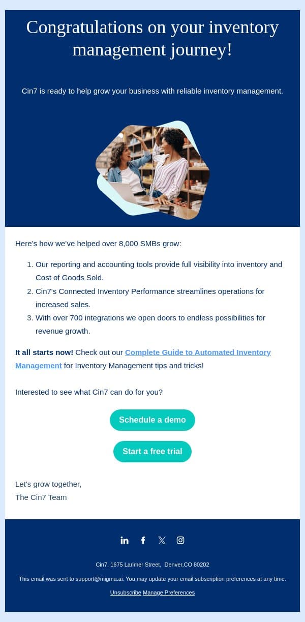 Cin7 is excited to be part of your journey 🙌 email from Cin7 screenshot