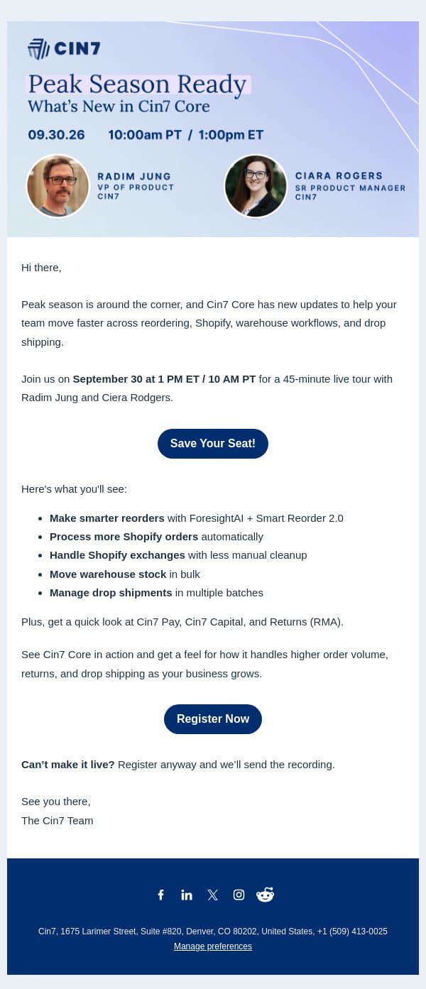 5 Cin7 Core updates to know before peak season email from Cin7 screenshot