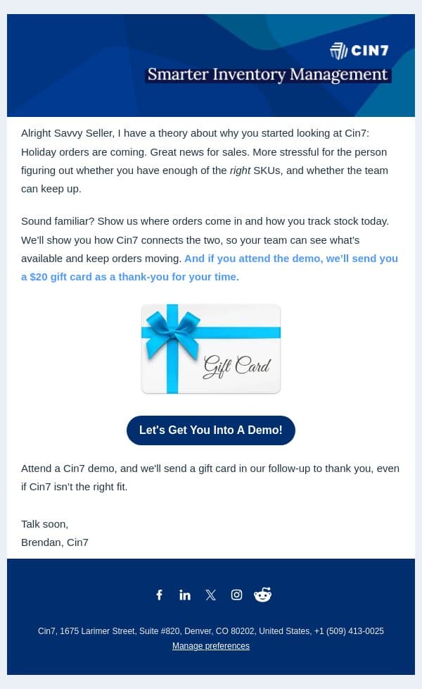 Hey you!I want to give you a gift card, just for existing! email from Cin7 screenshot