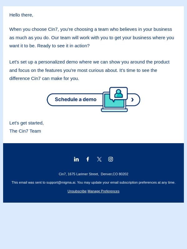 Connect with Cin7: Explore a Personalized Demo email from Cin7 screenshot