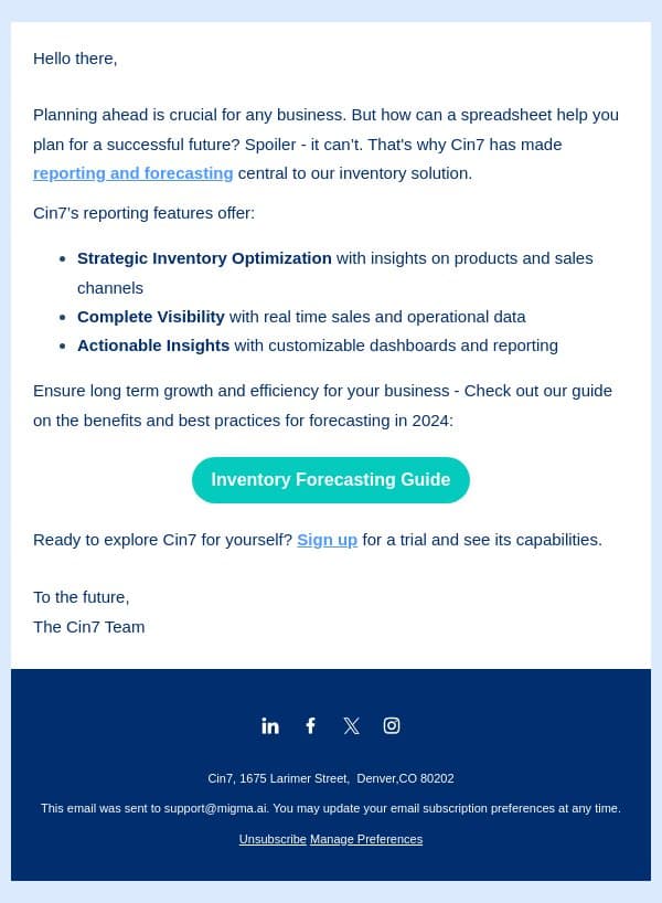 🤔 How can you better plan for the future of your business? 🤔 email from Cin7 screenshot