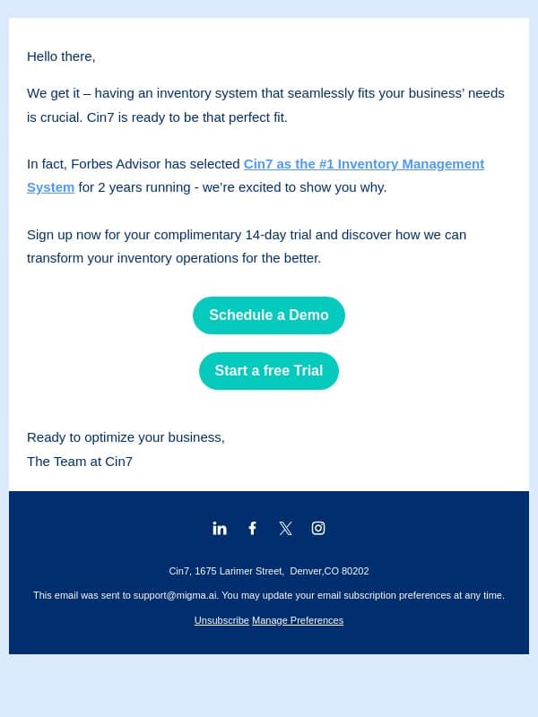 Your Exclusive Invitation: Try Cin7 Free for 14 Days! email from Cin7 screenshot