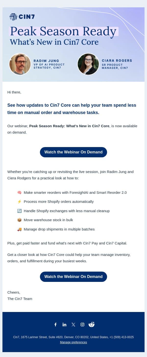 Your Cin7 Core webinar recording is ready 🎬 email from Cin7 screenshot