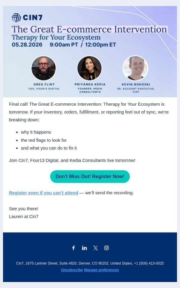 Final call: Don’t miss out on fixing your tech stack email from Cin7 screenshot