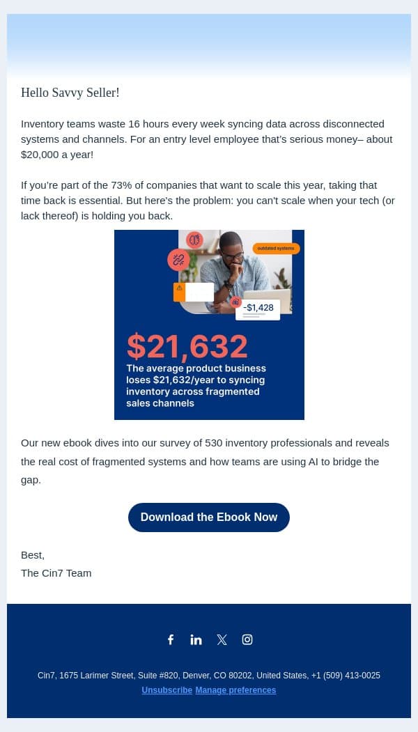 Is your inventory costing you 16 hours/week? email from Cin7 screenshot