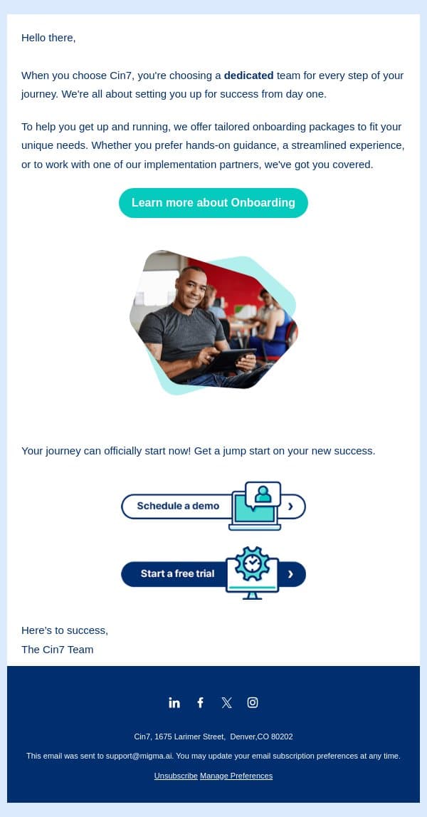 Step 1: Let’s Start Your Journey email from Cin7 screenshot
