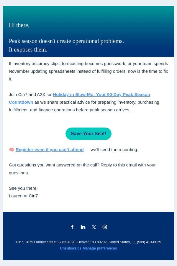 It's Time to Get Ahead of Demand - Future You Will Thank You email from Cin7 screenshot