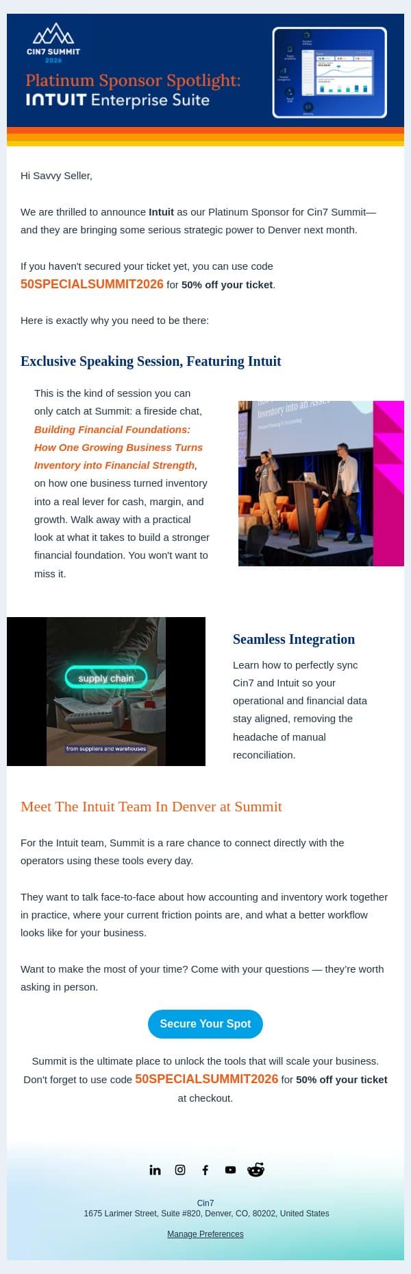 Meet our Platinum Sponsor: Intuit! email from Cin7 screenshot