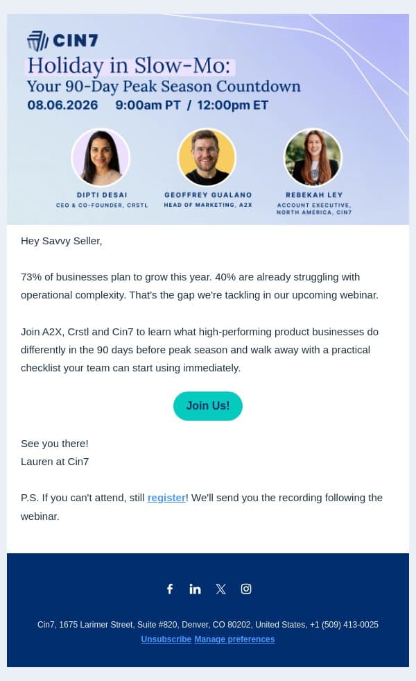 Do you think you’re ready for peak season? email from Cin7 screenshot