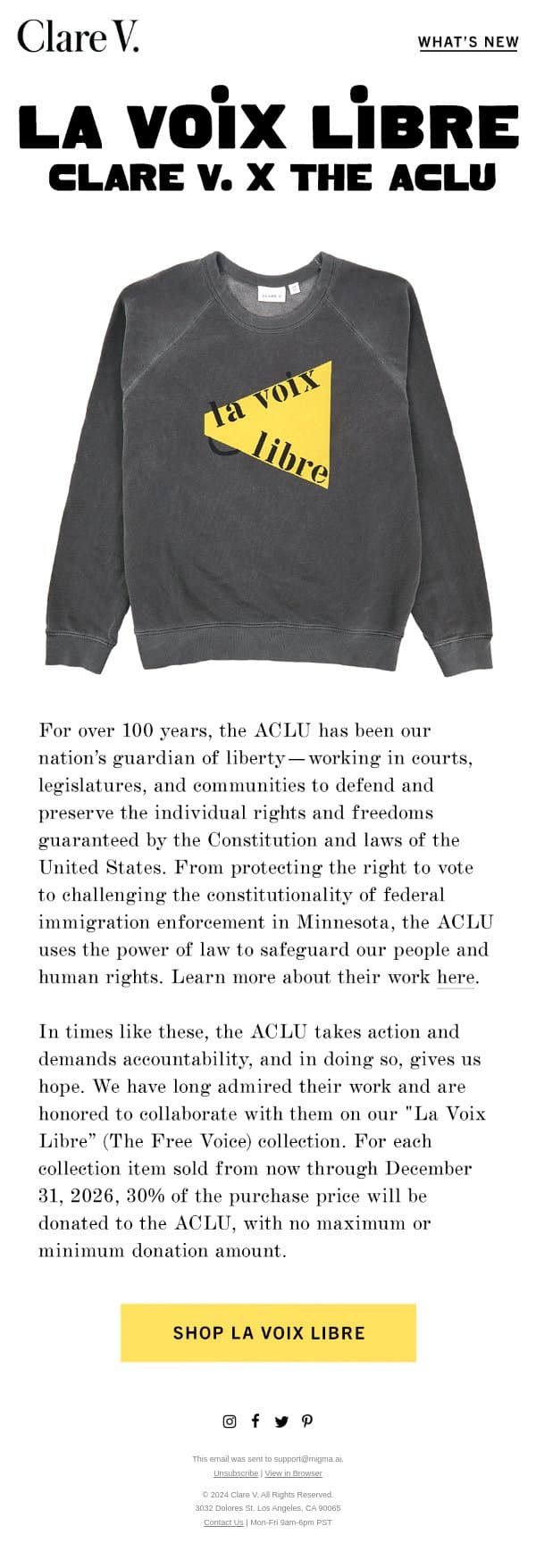 Introducing Clare V. x ACLU email from Clare V. screenshot
