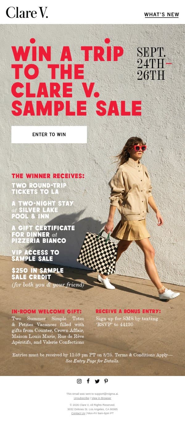 WIN A TRIP TO SAMPLE SALE 2026 email from Clare V. screenshot