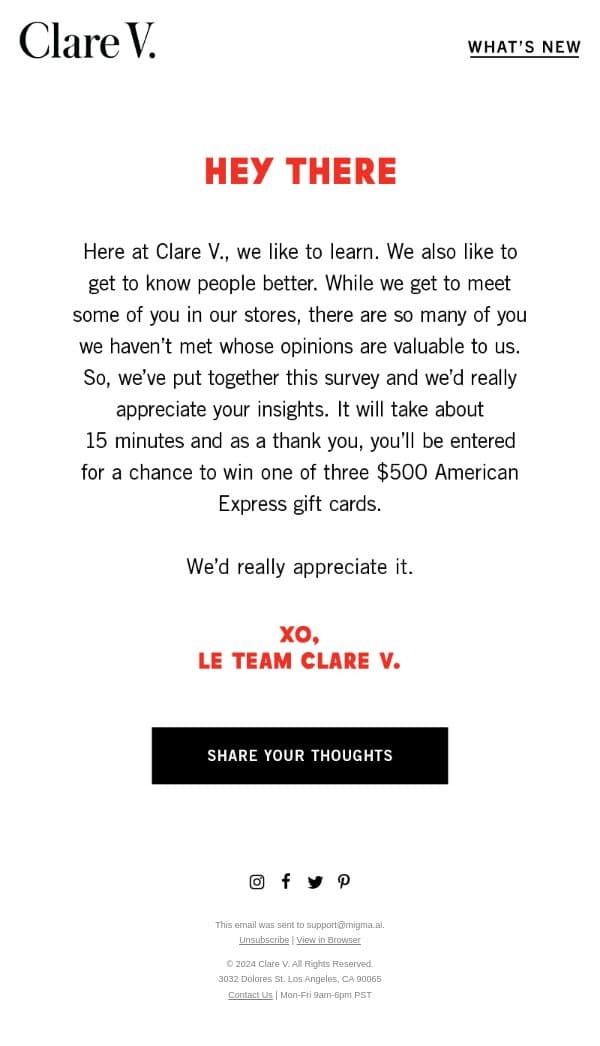 Can We Ask You Something? email from Clare V. screenshot