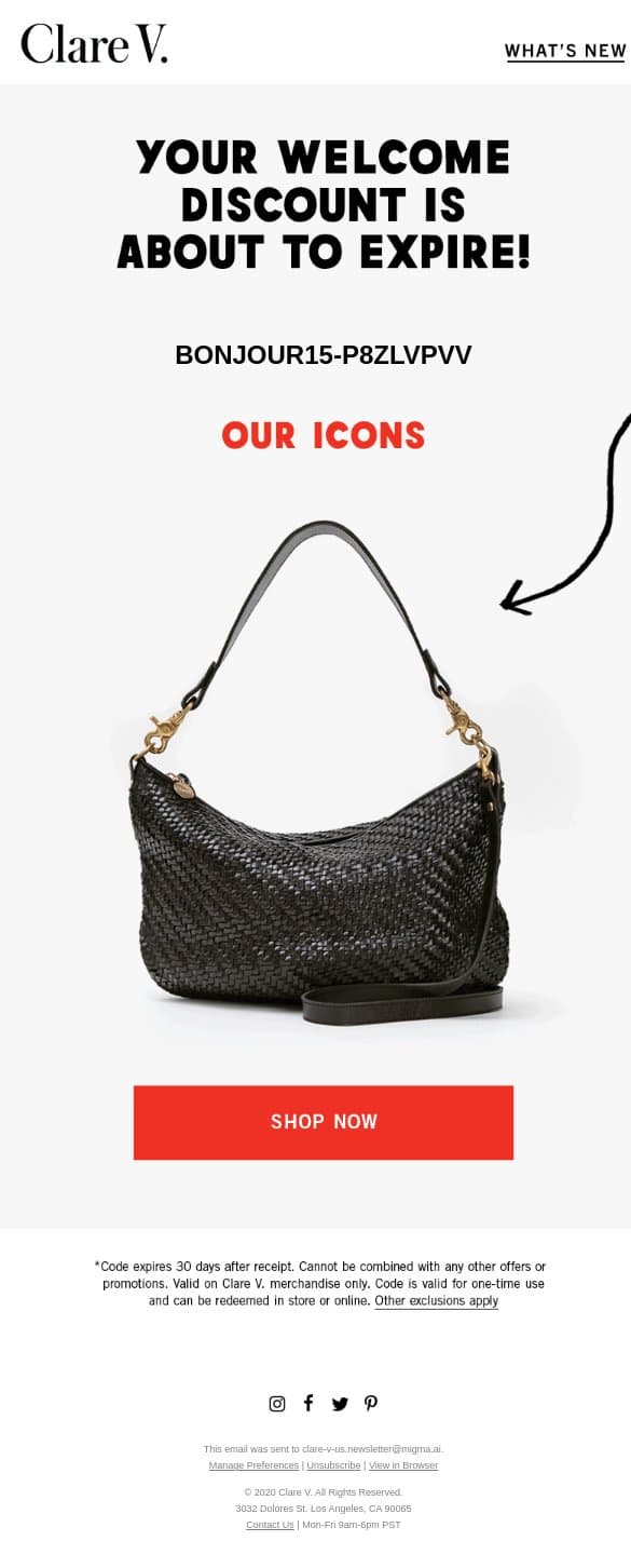 Don't Forget Your 15% Off email from Clare V. screenshot