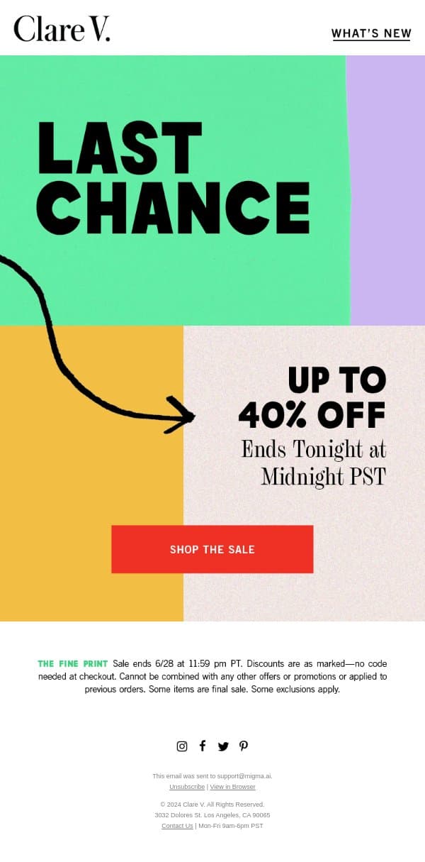 Last Chance! Up to 40% Off Ends Tonight email from Clare V. screenshot