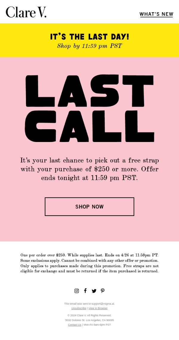 Last Call to Choose a Free Strap! email from Clare V. screenshot