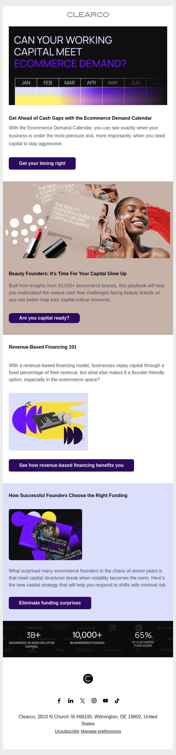 The Ecommerce Demand Calendar for avoiding cash gaps email from Clearco screenshot