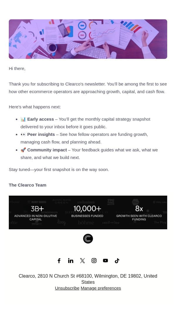 You’re in! Thanks for joining our ecommerce community email from Clearco screenshot