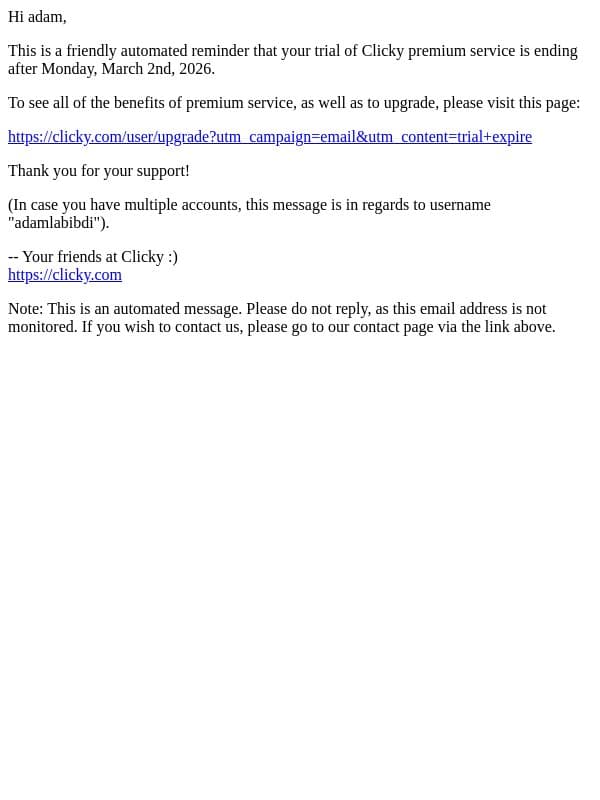 Clicky premium service email from Clicky screenshot