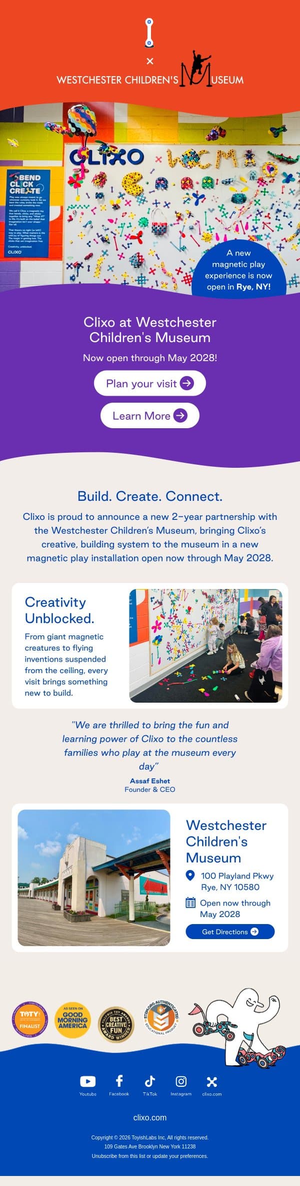 Now Open: The Clixo Experience at Westchester Children’s Museum email from Clixo screenshot