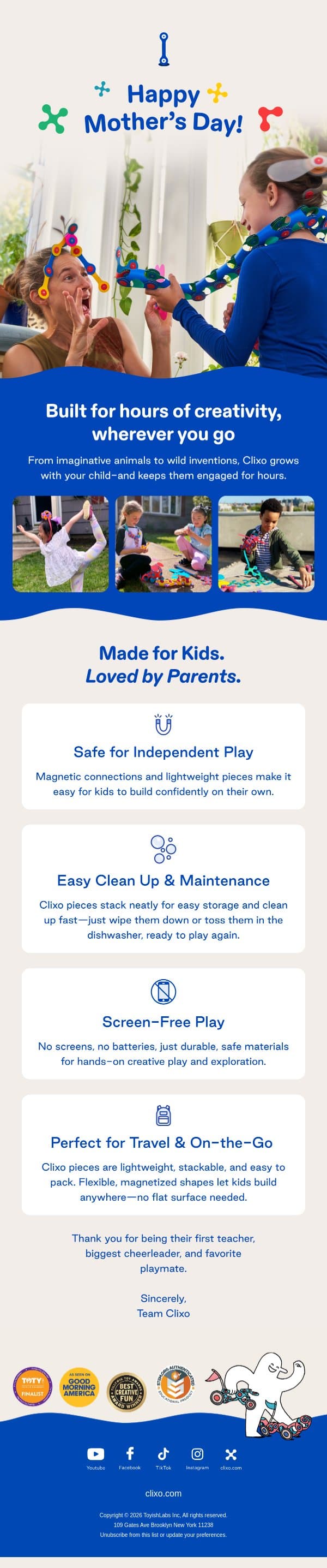 Happy Mother’s Day to the MVPs of Play 💙 email from Clixo screenshot