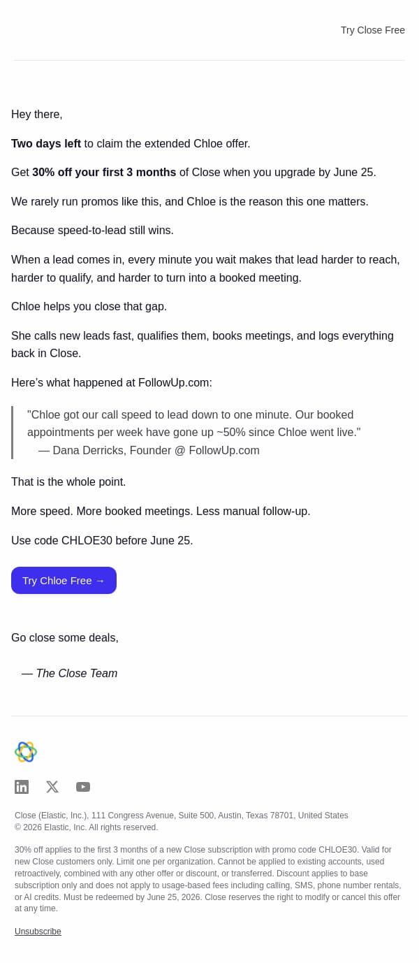 Don’t sit on the Chloe offer email from Close screenshot