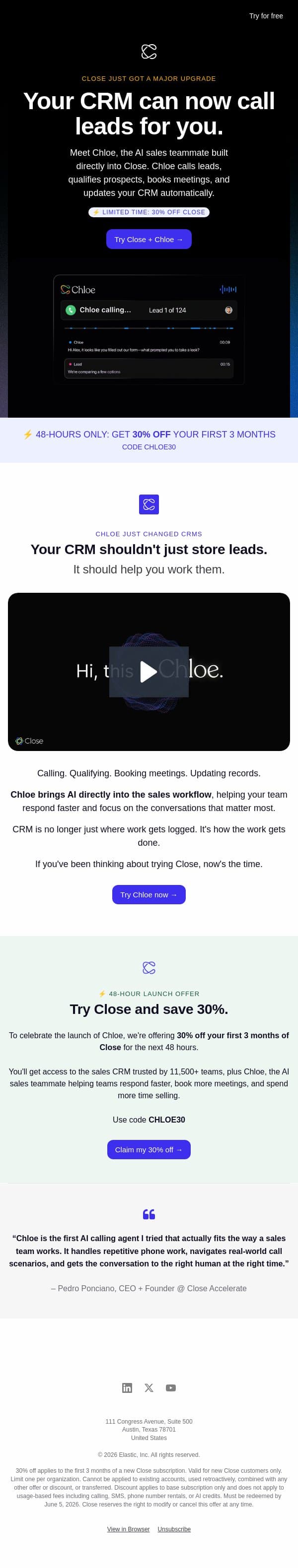 Meet your new AI sales agent + 30% off Close email from Close screenshot