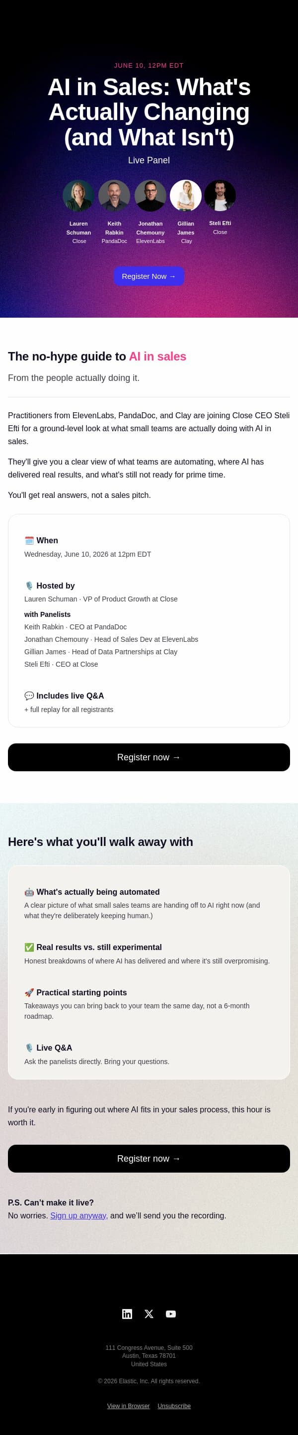 You're Invited: AI in sales live panel. No hype, just what's working email from Close screenshot
