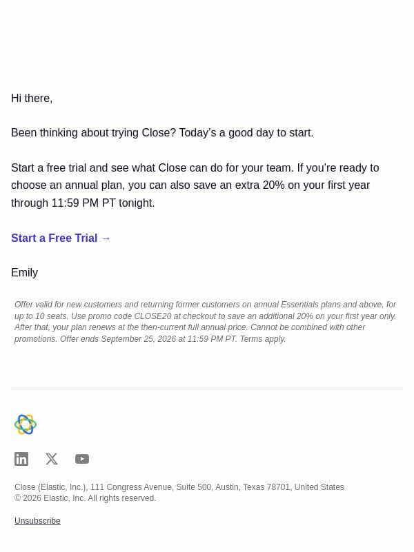 Ends tonight: Try Close + save 20% email from Close screenshot