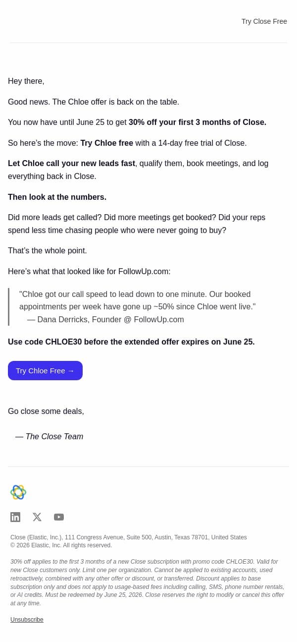 The Chloe offer is back on the table email from Close screenshot